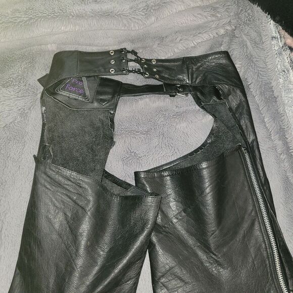 PRO FORCE Leather Chaps Black BIKER Belted Riding Pants Motorcycle Size XXXL 3X - Picture 9 of 14
